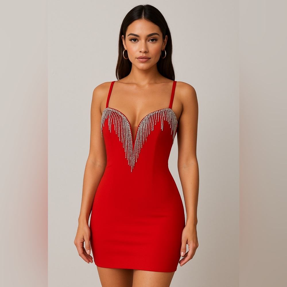 Red Embellished Mini Bodycon Dress Sweetheart Neckline